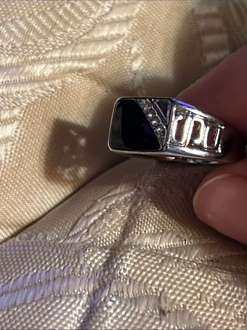 Men's Silver Ring with Black Onyx Accent and Crystal Details
